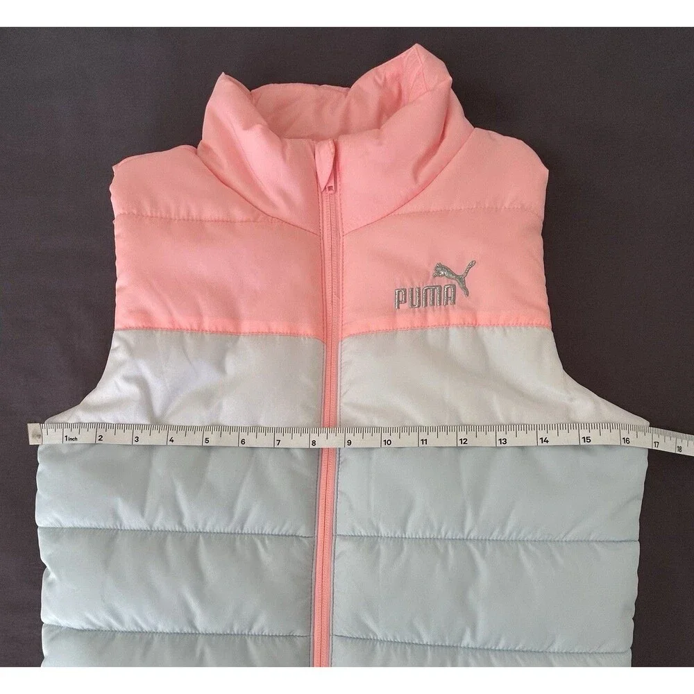 PUMA Kids Colorblock Puffer Vest, Size M (10/12), Pink/White/Blue — NWOT